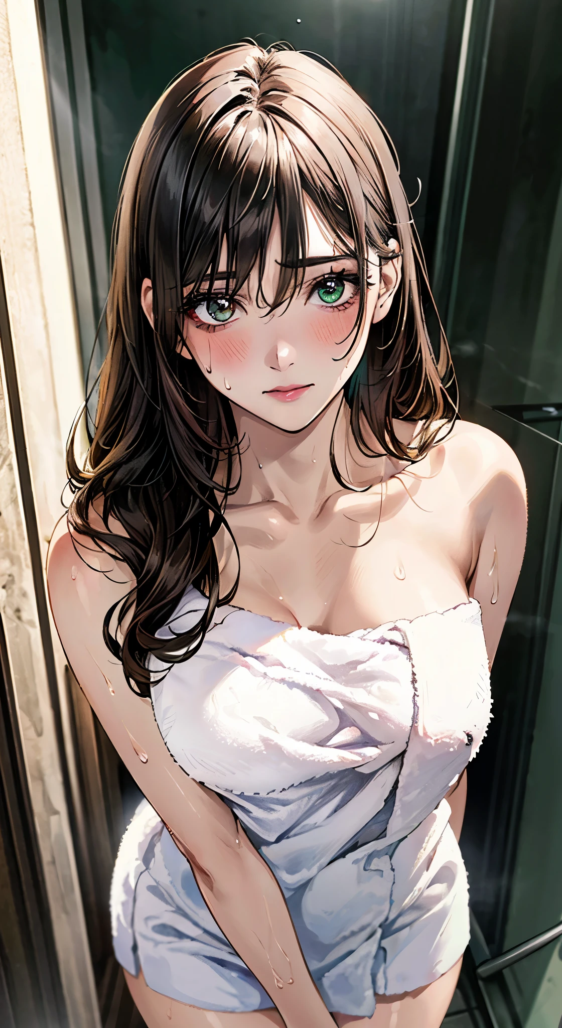 (masterpiece:1.3, top-quality, ultra high resolution, ultra detailed), (realistic, photorealistic:1.4), beautiful illustration, perfect lighting, natural lighting, depth of fields, nsfw, 
beautiful detailed hair, beautiful detailed face, beautiful detailed eyes, beautiful clavicle, beautiful body, beautiful chest, beautiful thigh, beautiful legs, beautiful hands, shiny skin, 
looking at viewer, face focus, upper body, 1 girl, high school girl, (perfect anatomy, anatomically correct, super detailed skin), cute and symmetrical face, perfect face, perfect eyes, 
(long hair, straight hair, dark brown hair), hair between eyes, emerald green eyes, big eye, long eye lasher, (medium breasts, seductive thighs), babyface, slender, outstanding style, 
((detailed cloth texture, naked light pink towel, sweaty)), 
(beautiful scenery), evening, ((outside shower room)), standing, (upper eyes, embarrassed),