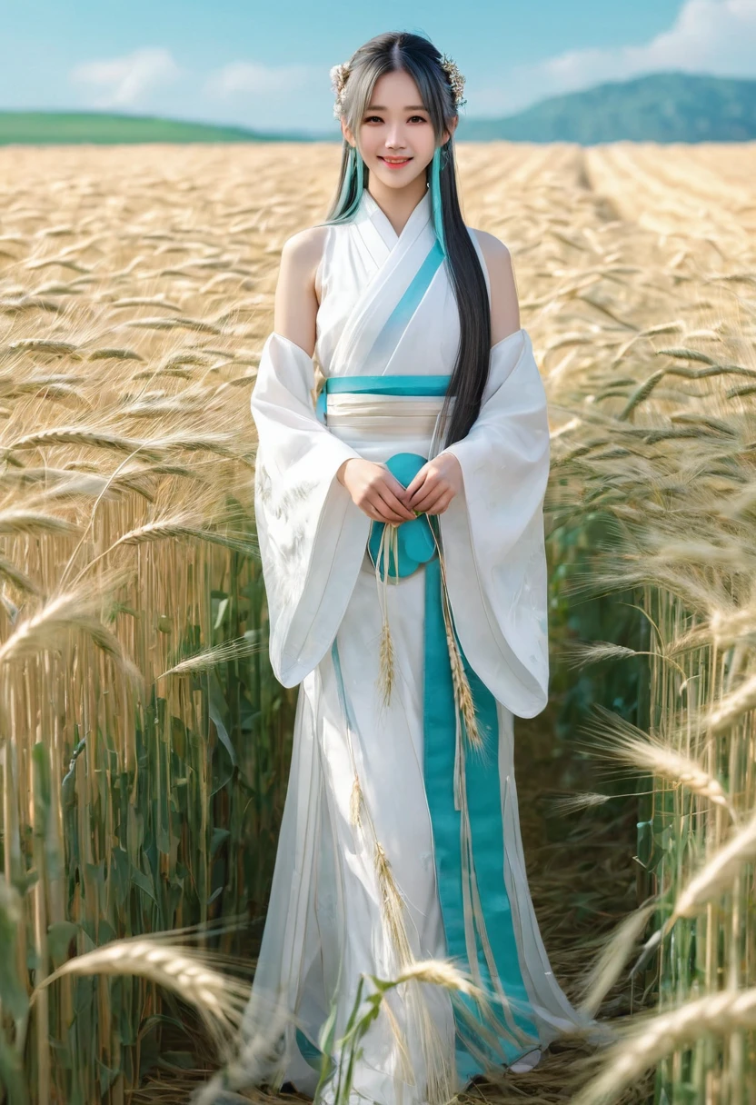 masterpiece, best quality, ultra highres, detailed illustration, portrait, detailed, 1girl standing in wheat field, solo, long hair, dress, flower, white hanfu, smile, full body, white flower, bare shoulders, very long hair, aqua hair, closed mouth, facing viewer, bangs,