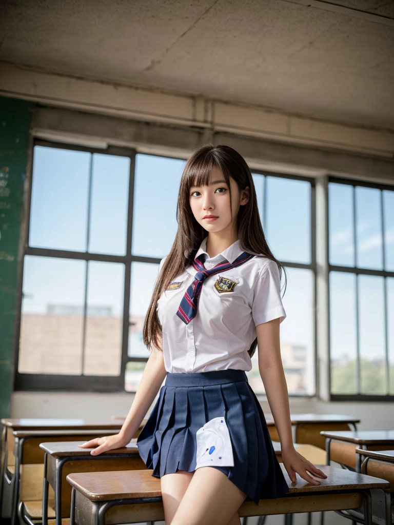 ((super high quality、High resolution、masterpiece、 Anatomically correct、Super detailed photos、Ultra-realistic photos、 Highest quality))、(2girls)、looking at viewer、(cowboy shot)、(white unnderwear:1.2)、(from below)、(huge breast)、((school uniform:1.3))、skirtless、A woman taking off her uniform skirt、Small waist、Large Breasts、Detailed face、Perfect figure、Black Hair、Medium Hair、Spread your legs、Empty classroom