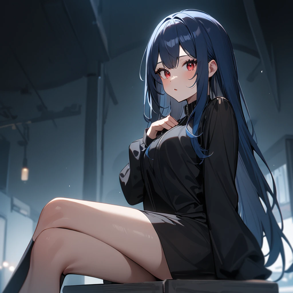 1 girl,Solo,(blue hair),black hair,red eyes,long hair,Tsurime,Curvy,best quality, very aesthetic, absurdres,straight,masterpiece, best quality, very aesthetic, absurdres,v arms,Thighs