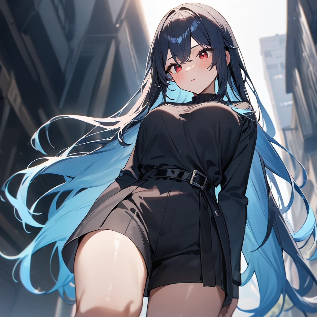 1 girl,Solo,(blue hair),black hair,red eyes,long hair,Tsurime,Curvy,best quality, very aesthetic, absurdres,straight,masterpiece, best quality, very aesthetic, absurdres,v arms,Thighs