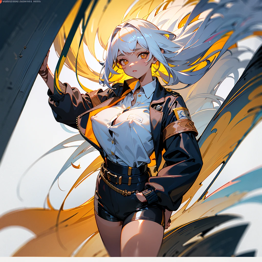 intricate detailes, White background, Transparent body, Visible veins, wires, Highly detailed, Head, Upper body, Breathtaking, 8k_wallpaper, extremely detailed eyes, extremely detailed body, (large masterpiece digital art), (detailed line art), ((perfect anatomy)), (intricate details:1.3), (ultra-detailed:1.3), (illustration:1.3), (sharp focus:1.3), (natural lighting:1.05), (vivid colors:1.3), (masterpiece), (best quality:1.4), (perfect anatomy:1.4), high quality, expressive eyes, full body, tall girl, detailed face, beautiful face, perfect face, ((white hair)), a young Korean woman, (with golden eyes), ((sandy lush hair)), {{tanned dark bronze skin}}, a huge chest, dressed in a black short warm jacket with rolled up sleeves, a transparent unbuttoned shirt, large nipples sticking out under the fabric, a wide leather belt with gold yarn, leather shorts through which they stand out outline of a pussy, walking through the forest, trees with blue foliage and white flowers,