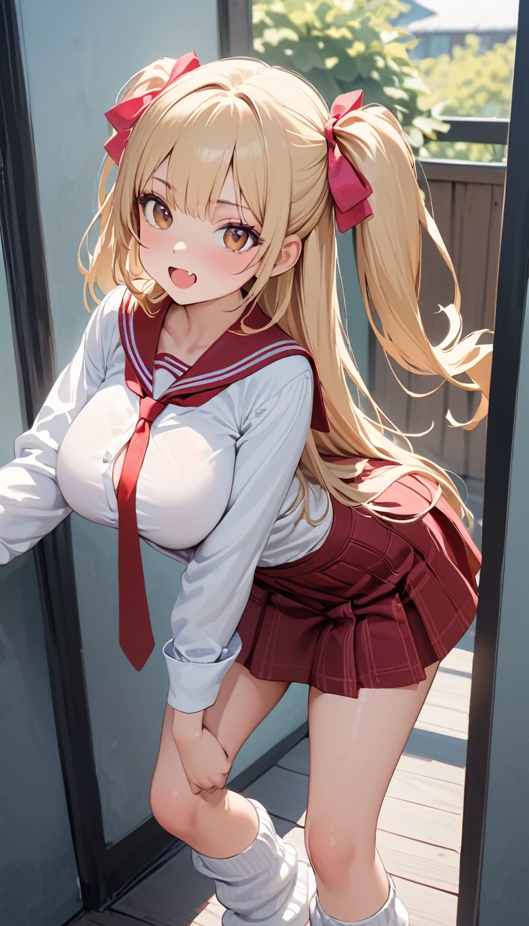 NSFW, I'm going to fuck you so much, you're going to stick your ass out at me. (standing doggy style sex from behind:1.4), (1girl, sharp focus solo), full body standing image, (Masterpiece, Super realistic, Super details, Super Highest Quality, Super Highest Quality), super cute and beautiful girl, You are male professional photographer, Japanese gal, For dark brown eyes, Blonde yellow hair, Pink ribbon, gal make-up, False eyelashes, Pearl pink lips, Unbuttoned out Hemmed sailor red open collared open front white shirt, (Very thin shirt:1.3), beautiful focus, big open mouth, (brown eyes:1.4), big round chest, BREAK, (Half down two side up blonde very long hair style:1.4), (Wider at the hem flabby large in size Super Loose Socks:1.4), (wear loafer:1.2), An innocent , (skin fang:1.2), realistic cute Japanese girl, standing pose, wear white unbuttoned shirt, low-rise pleated plaid micro mini skirt, loose socks, loafer, Japanese cute girls, long slim legs, long hair, blonde hair, two side up, hair ribbon, pink ribbon, , frills, opened sailor collar, necktie, white shirt, long sleeves, red skirt, from behind POV, (Costume trimmed with white frills:1.4),