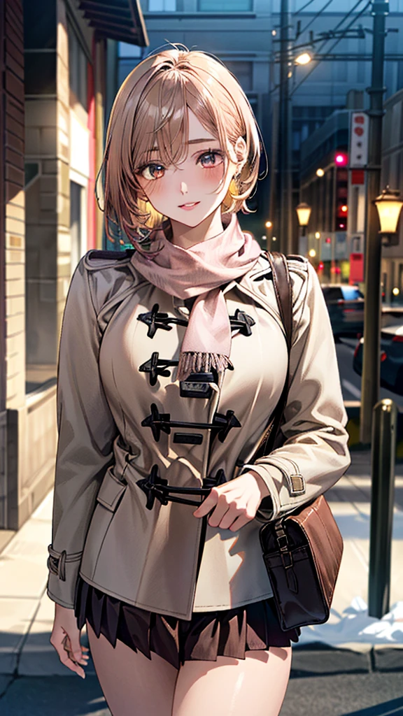 (masterpiece:1.3, top-quality, ultra high res, ultra detailed), (realistic, photorealistic:1.4), beautiful illustration, perfect lighting, natural lighting, colorful, depth of fields, surrealism,
beautiful detailed hair, beautiful detailed face, beautiful detailed eyes, beautiful clavicle, beautiful body, beautiful chest, beautiful thigh, beautiful legs, beautiful hands,
looking at viewer, (cowboy shot), 1 girl, high school girl, (perfect hands, perfect anatomy, anatomically correct), cute and symmetrical face, babyface, perfect face, perfect eyes,
(short hair, side ponitail, orange hair), marron eye, long eye lasher, (medium breasts), slender, white skin, shiny skin,
((detailed cloth texture, winter clothes, light pink scarf, light brown duffle coat, red pleated mini skirt, white fluffy hair band), carry bag),
(beautiful scenery), winter of japan, daylight, (city), standing, (versatile sexy poses), (lovely smile, upper eyes, parted lips),