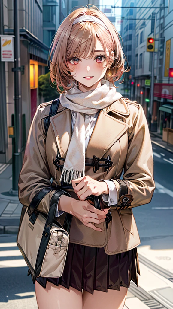 (masterpiece:1.3, top-quality, ultra high res, ultra detailed), (realistic, photorealistic:1.4), beautiful illustration, perfect lighting, natural lighting, colorful, depth of fields, surrealism,
beautiful detailed hair, beautiful detailed face, beautiful detailed eyes, beautiful clavicle, beautiful body, beautiful chest, beautiful thigh, beautiful legs, beautiful hands,
looking at viewer, (cowboy shot), 1 girl, high school girl, (perfect hands, perfect anatomy, anatomically correct), cute and symmetrical face, babyface, perfect face, perfect eyes,
(short hair, side ponitail, orange hair), marron eye, long eye lasher, (medium breasts), slender, white skin, shiny skin,
((detailed cloth texture, winter clothes, light pink scarf, light brown duffle coat, red pleated mini skirt, white fluffy hair band), carry bag),
(beautiful scenery), winter of japan, daylight, (city), standing, (versatile sexy poses), (lovely smile, upper eyes, parted lips),