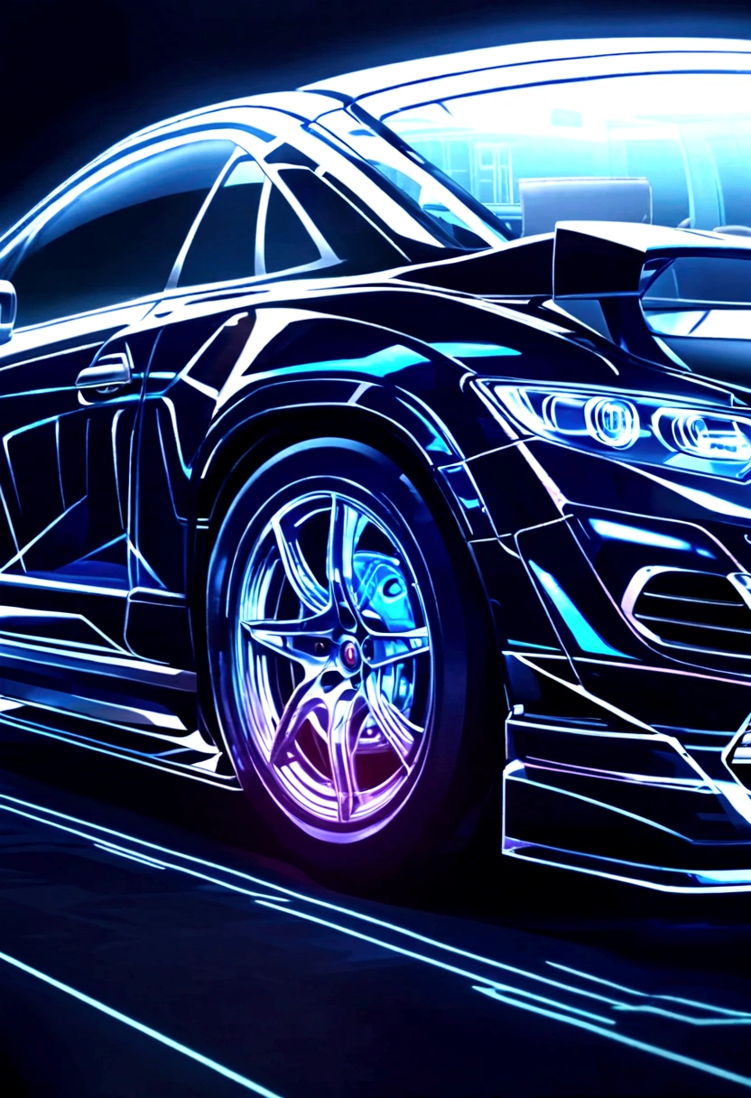 virtual glowing translucent holographic wireframe of a car, black background