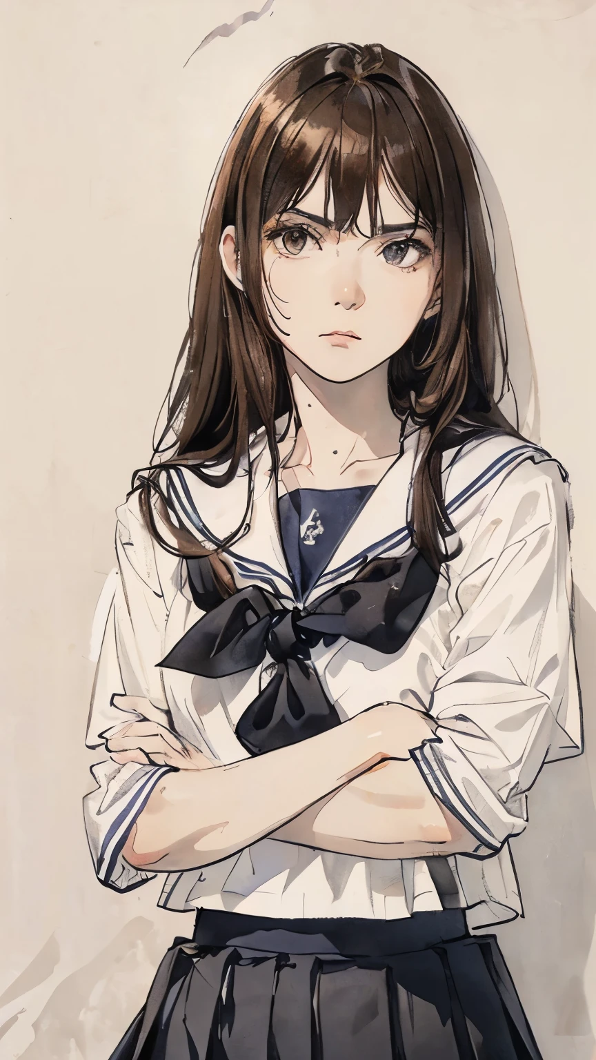 (Highest quality、8K、32k、masterpiece)、(Realistic)、(Realistic:1.2)、(High resolution)、Very detailed、Very beautiful face and eyes、1 Girl、Round and small face、Tight waist、Delicate body、(Highest quality、Attention to detail、Rich skin detail)、(Realistic、Realistic:1.37)、Bright colors、(((Brown Hair)))、(((Upper Body Shot)))、(((Long Hair)))、(((Fair skin)))、(((White wall background)))、(((White wall background)))、(((Troubled expression)))、(((I have my arms crossed)))、(((Wear a sailor uniform)))、(((Black pleated skirt)))