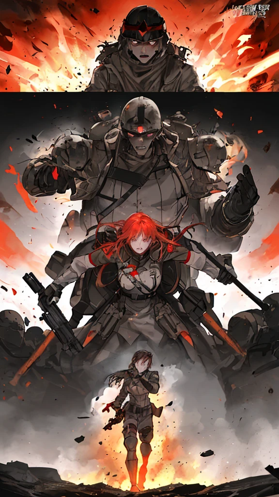 (Masterpiece), (wearing biofusion armor), super detailed facial expressions, ultra-clear face like crystal version of beautiful eyes, holding a laser giant axe, best quality, 1 girl, pale skin, red hair, crazy laughter, sticking out tongue, messy hair, sky blue eyes, glowing eyes, creepy, crazy expression, blood on face, blood on clothes, walking, falling, hanging arm, loose arm, mental hospital, corridor, darkness, lighting, creepy, scary, Flickering lights, blood, horror, dim light, behind you are slain monsters