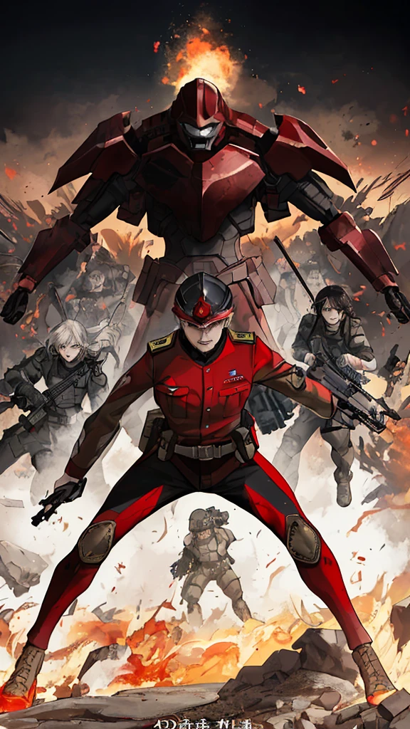 Create a dynamic, action-packed movie poster in the style of vintage war films. The central focus is a heroic figure of a soldier in the foreground, wearing a camouflage uniform and a helmet. He holds an assault rifle aloft in one hand, symbolizing victory and strength. His expression is determined and fierce, emphasizing his role as a leader.
Behind him, a large, semi-transparent red-tinted image of another soldier's face looms, adding a sense of depth and drama. This figure represents the overarching spirit and resolve of the soldiers. The background is filled with chaotic scenes of battle: tanks in motion, soldiers advancing with weapons, and helicopters flying overhead.
To the left, a group of diverse characters, including both men and women, are shown engaging in combat. They are dressed in various military and civilian attires, each holding different types of weapons, showcasing their readiness to fight. The vibrant colors and intense expressions on their faces capture the urgency and peril of war.
In the bottom part of the poster, a massive tank charges forward, crushing everything in its path, symbolizing the relentless advance of the forces. Flames and explosions are depicted around it, adding to the chaotic war atmosphere.
The overall composition is filled with energy and movement, capturing the essence of a thrilling and high-stakes war scenario. The colors are bold and vivid, with dominant reds and yellows conveying the intensity and heat of battle. The text elements, placed strategically, provide context and emphasize the themes of heroism, patriotism, and resilience.
This poster should evoke feelings of excitement, tension, and anticipation, making it clear that the movie is an epic war story filled with bravery and action.