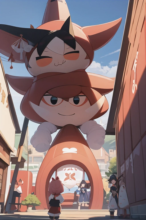 Cartoon characters taking photos in front of a giant red object, onmyoji, WLOP and Sakimi-chan, Zerochan Art, from East, commission, East, nixeu and sakimichan, by Kamaguruka, Obscene, mika kurai demon, The Detailed Art of the Onmyoji