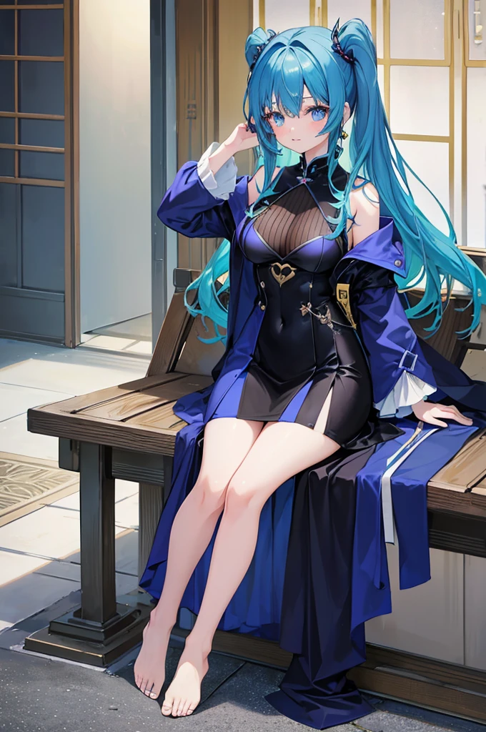 Her hair is a gradation of dark blue and dark green。17-year-old girl、Anime Style、Fantasy、A little bit of fancy clothing、Bust 86cm、height: 172cm、Weight 51 kg、Full body painting、Generate from the top of the head to the soles of the feet