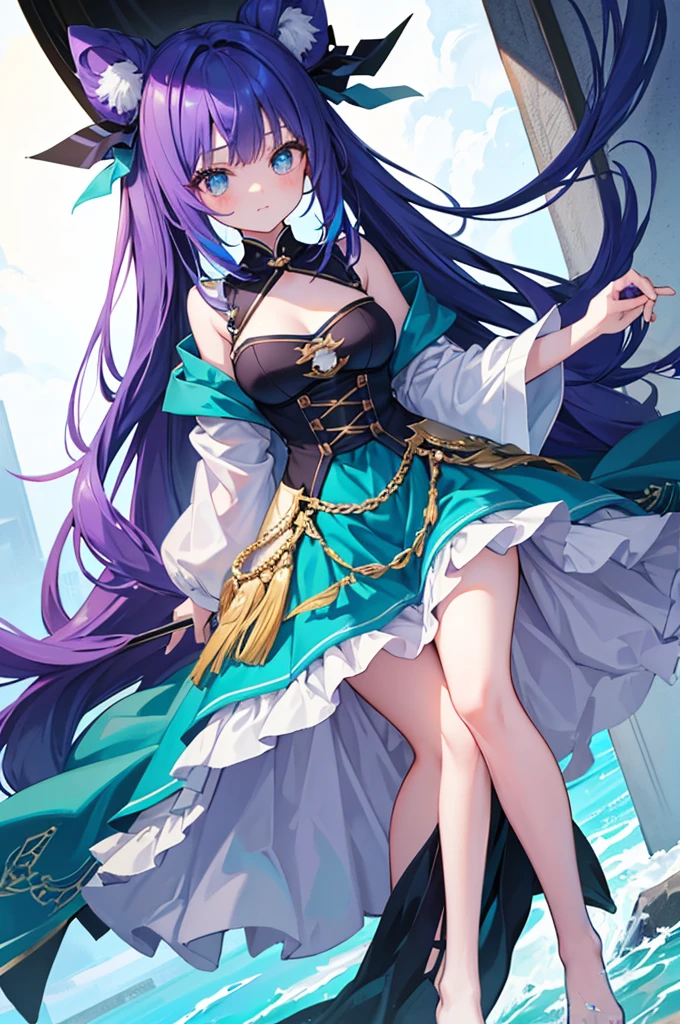 Her hair is a gradation of dark blue and dark green。-yeld giAnime Style、Fantasy、A little bit of fancy clothing、Bust 86cm、height: 172cm、Weight 51 kg、Full body painting、Generate from the top of the head to the soles of the feet