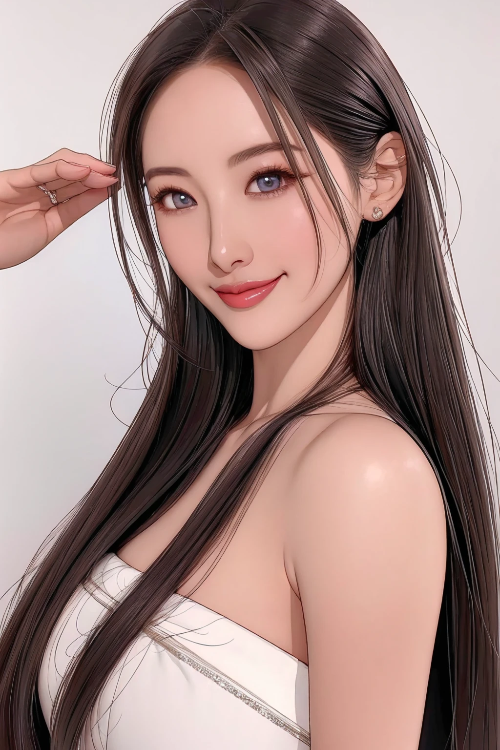 (super fine illustration) Amazing eyes、Perfect Lips、And a beautiful girl with a captivating smile、upper body Detailed and realistic portrait、Super detailed、16K、masterpiece、high quality、Negative Space、blush、eye shadow、Perfect Skin、A sophisticated face、Elegant look、Smiling Lips、Dark Eyes Chinese Model、Silky super straight long hair、Photorealistic Eyeline、Clear Eyes、White background only、Sexy adult look、Dress with open 