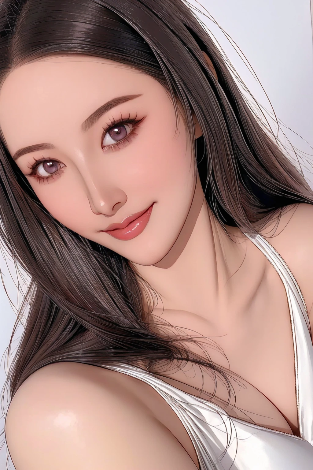 (super fine illustration) Amazing eyes、Perfect Lips、And a beautiful girl with a captivating smile、upper body Detailed and realistic portrait、Super detailed、16K、masterpiece、high quality、Negative Space、blush、eye shadow、Perfect Skin、A sophisticated face、Elegant look、Smiling Lips、Dark Eyes Chinese Model、Silky super straight long hair、Photorealistic Eyeline、Clear Eyes、White background only、Sexy adult look、Dress with open chest