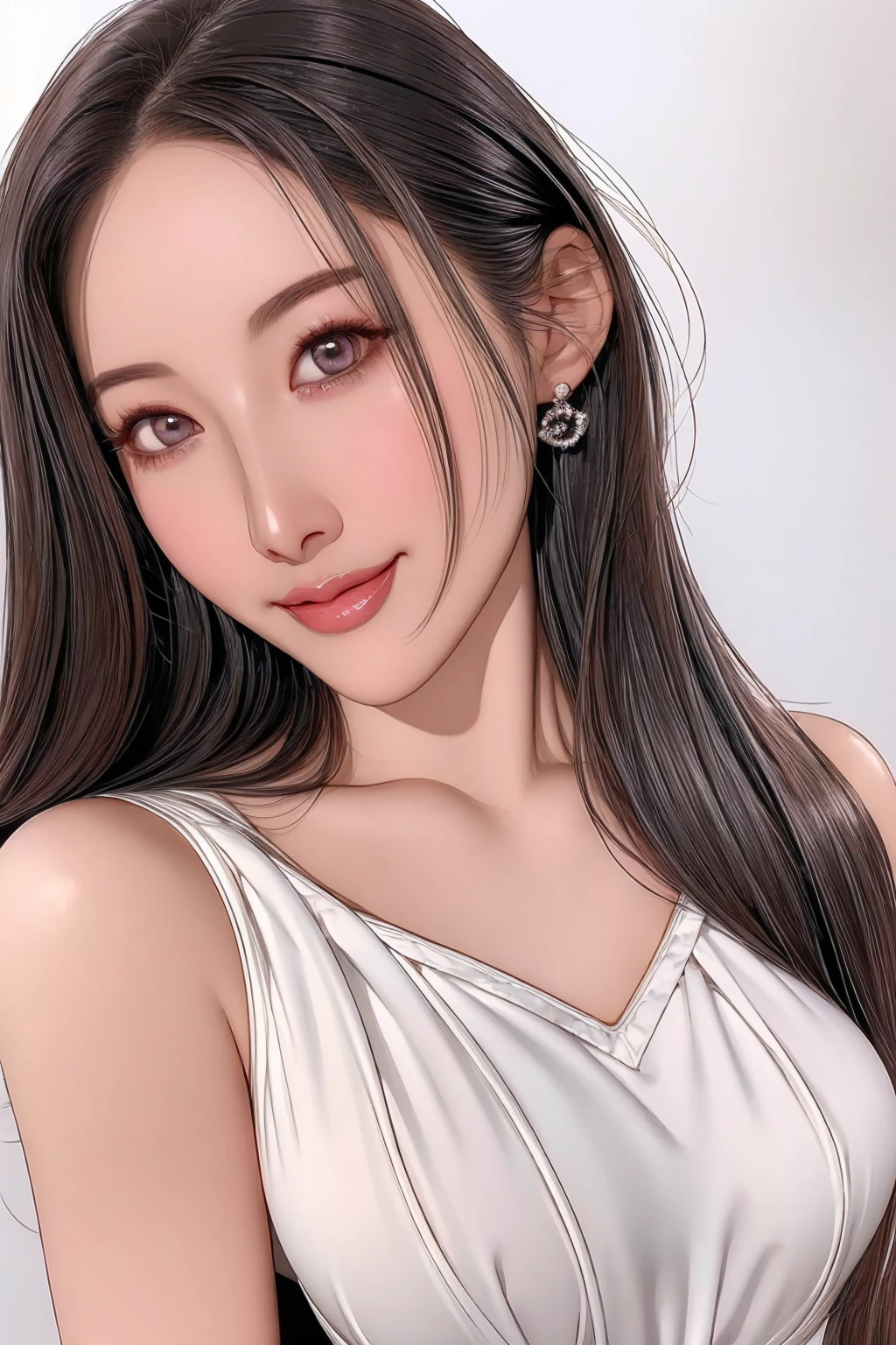(super fine illustration) Amazing eyes、Perfect Lips、And a beautiful girl with a captivating smile、upper body Detailed and realistic portrait、Super detailed、16K、masterpiece、high quality、Negative Space、blush、eye shadow、Perfect Skin、A sophisticated face、Elegant look、Smiling Lips、Dark Eyes Chinese Model、Silky super straight long hair、Photorealistic Eyeline、Clear Eyes、White background only、Sexy adult look、Dress with open chest