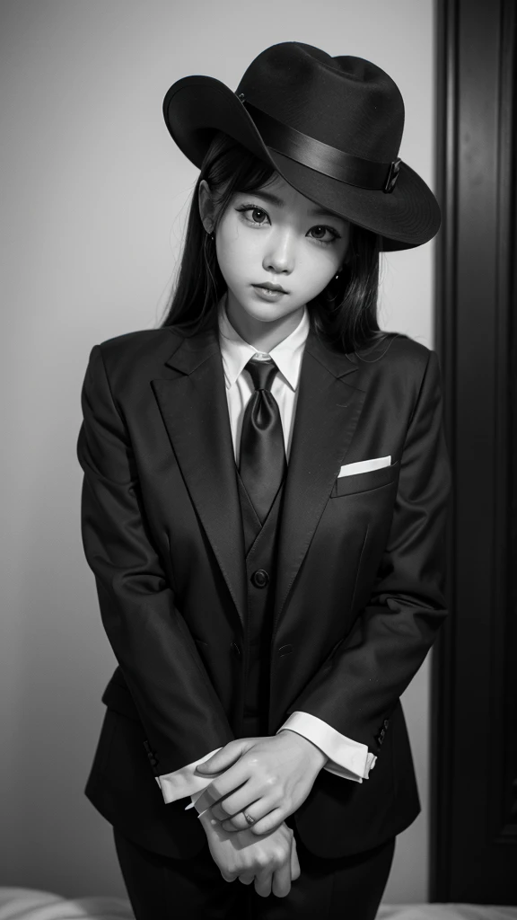 Make me an 80s style black and white image with mc ig dressed in a suit and tie and a hat