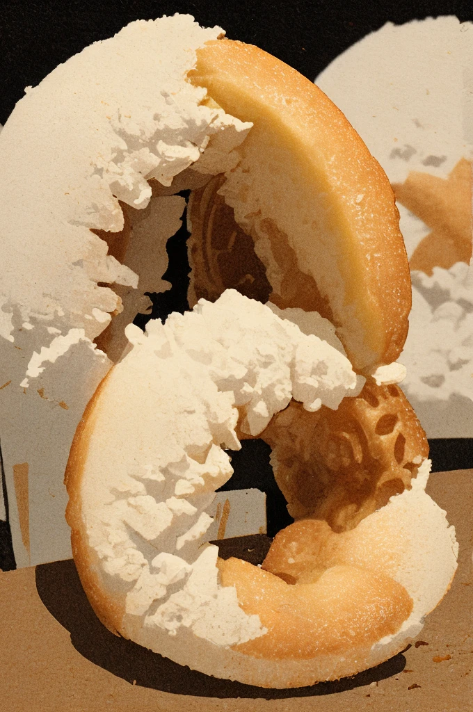 Close-up of a donut cut in half., Revealing soft and supple inner flesh., with layers and textures on display, Create pleasing and detailed images..