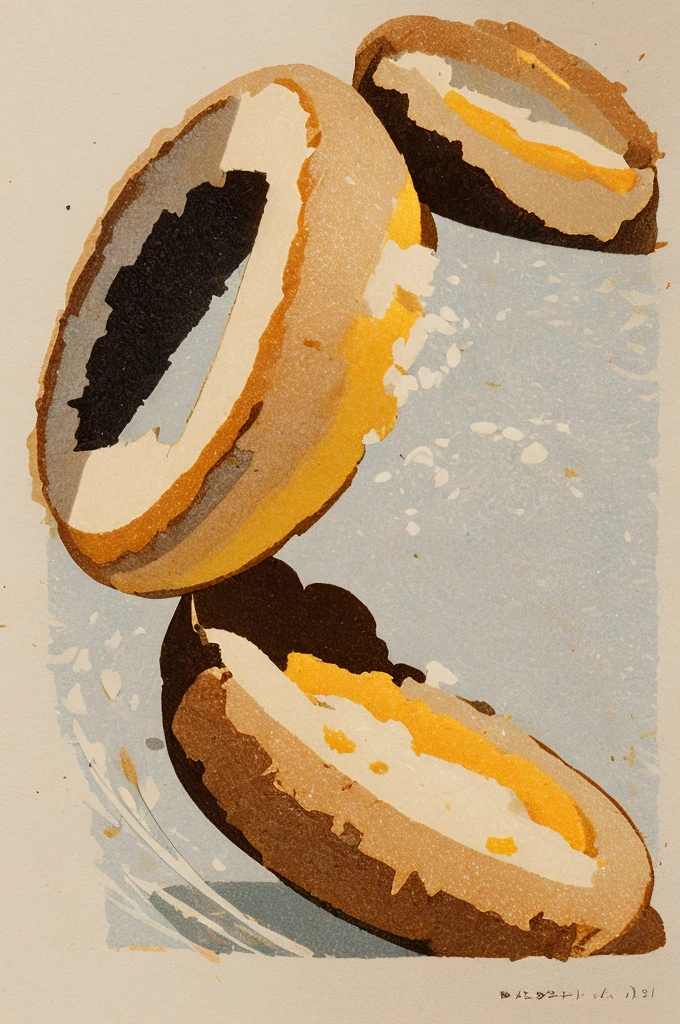 Close-up of a donut cut in half., Revealing soft and supple inner flesh., with layers and textures on display, Create pleasing and detailed images..
