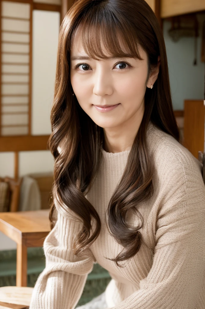 Osaka's aunt、Organic Photography、Background Bokashi, highest quality、masterpiece、Ultra-high resolution、Beautiful Japanese old lady、60 years old、Looking at the audience、Elegant face、Toothy smile、Big Breasts、Wearing a short-sleeved knit、Short perm hair、mini skirt、Earrings、A corner of a coffee shop, Background Blur