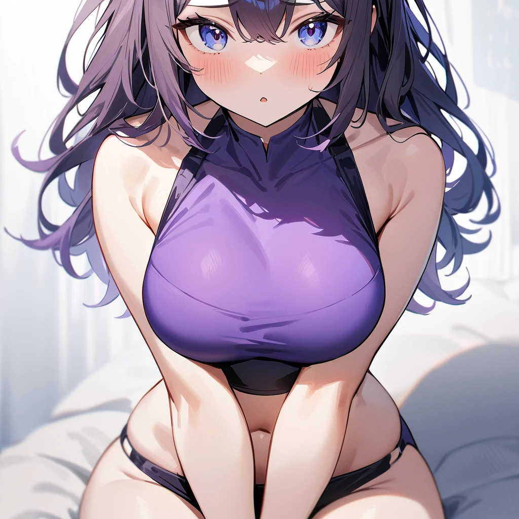 1 girl,Solo,long and shot hair,masterpiece, best quality, very aesthetic, absurdres,arms,face,hands,purple and blue,two tone color,v_arms,breasts,hand_ween_legs,Bikini