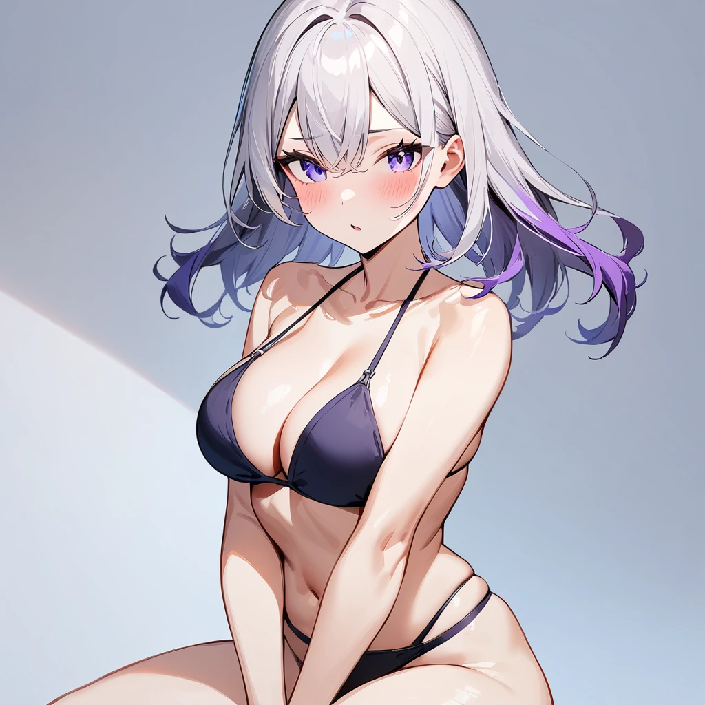 1 girl,Solo,long and shot hair,masterpiece, best quality, very aesthetic, absurdres,arms,face,hands,purple and blue,two tone color,v_arms,breasts,hand_between_legs,Bikini