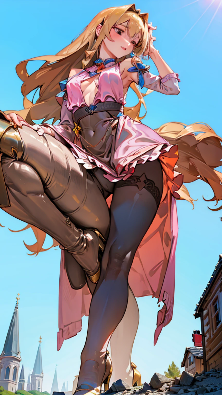 Glamorous giantess with long blonde hair and deep brown eyes, in a barely-there pink dress, strides through a medieval city. Her towering form crushes everything beneath her feet, and she smirks at the tiny villagers. Her lover, a giant woman with jet-black hair and sapphire eyes, follows her, both delighting in the destruction. Giantess, Goddess, sexy legs, heels, hot, curvy body, mommy issues, small town, small people, tiny people, macrophilia, perspective from below, high quality, almost naked, mature women, lovers.