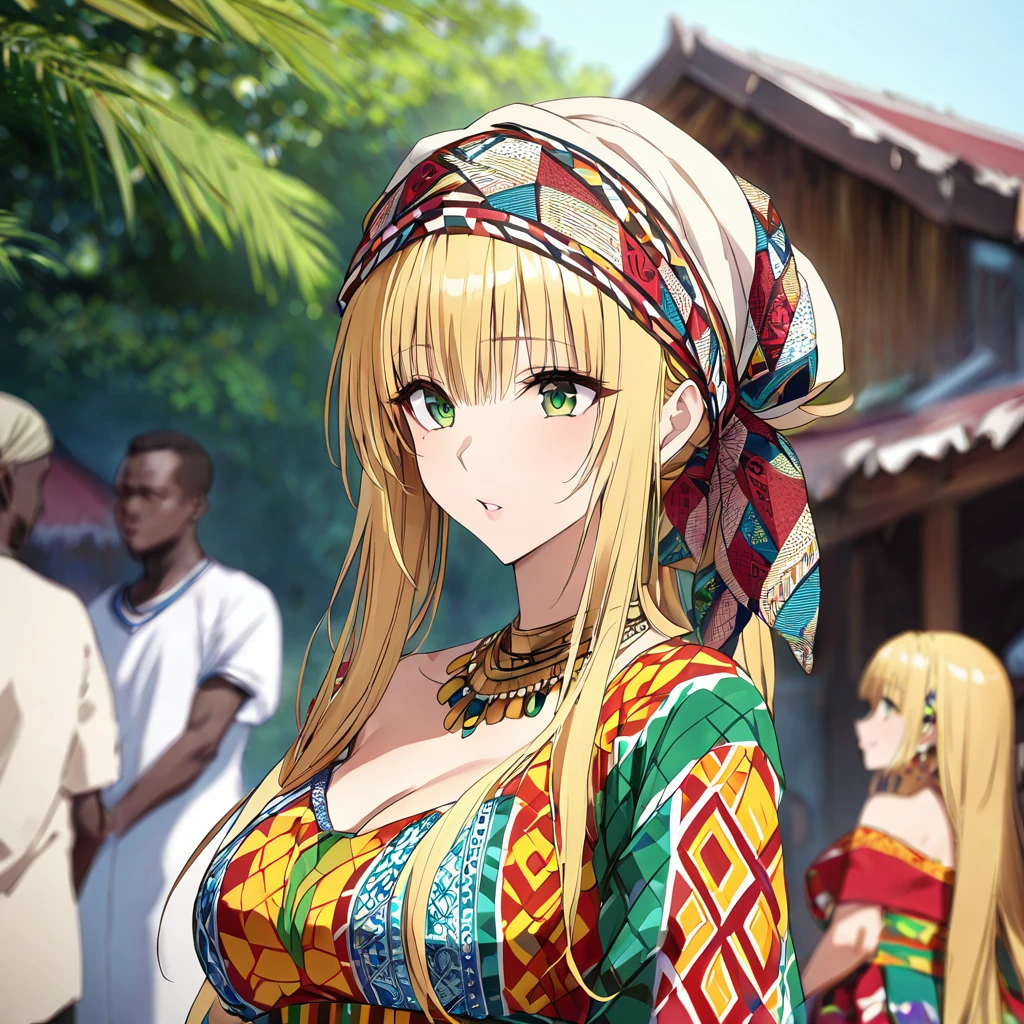 ((Highest quality)), ((masterpiece)), (detailed), (Perfect Face)、The woman is a black Ghanaian Tiayyu with vivid dark skin, wearing a gorgeous, colorful, glittering Ghanaian dress, a colorful head scarf, gorgeous jeweled accessories, and an engagement ring in a Ghanaian village.、The woman is an elegant Tiara with green eyes and blonde semi-long hair. She is wearing a colorful Ghanaian dress and a colorful head scarf. She has bright dark brown skin and is a black Ghanaian Tiara.、(The woman is a black Ghanaian with vivid dark brown skin.)