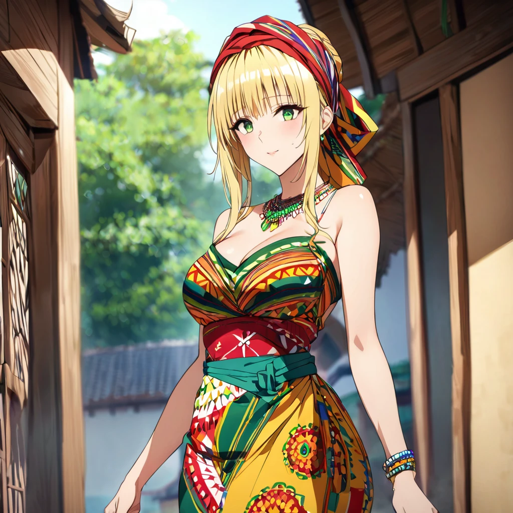 ((Highest quality)), ((masterpiece)), (detailed), （Perfect Face）、A woman is wearing a colorful Ghanaian dress, a colorful headscarf, gorgeous jeweled accessories and an engagement ring in a Ghanaian village in Tiare.、The woman is an elegant Tiare with green eyes and medium-long blonde hair. She is wearing a colorful Ghanaian dress and a colorful headscarf.
