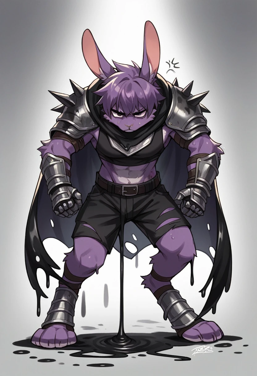 create a picture of a female half rabbit character with purple giant rabbit digitigrade legs with white paws, put purple rabbit ears on top of her head, make her wearing a black athletic tank top and black shorts, put purple fur on her arms from her elbows down, give her short brown hair, make her legs look fluffy and furry, make it in an anime style, make her outfit slightly tattered and torn, make her look super tired, give her black gauntlets, make the background look like a pitch black wet environment, cover her fur in black goo, make the black goo dripping from her arms and legs, make her look bruised, make her standing tall and determined, give her a black tattered cape and a large backpack, give her a shoulder mounted flashlight