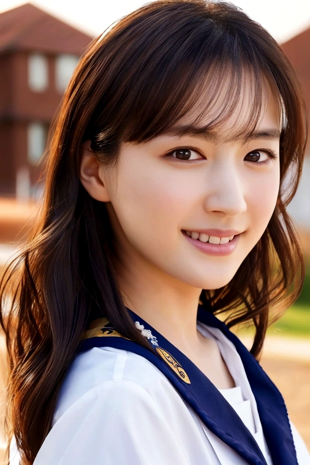 Top quality, 1 beautiful woman, Sunlight, ((masterpiece, Highest quality, High resolution)), (look back:1.3), 1 girl, smile, (Realistic: 1.4), Great face, , Medium Hair, (Beautiful Hair:1.5), Sailor suit, The background is a school building, Side angle, (Close-up of face:1.3), Smooth, Highly detailed CG composite 8K wallpaper, High resolution RAW color photos, Professional photography, Light, BackLight, dream-like, impressive, Written boundary depth