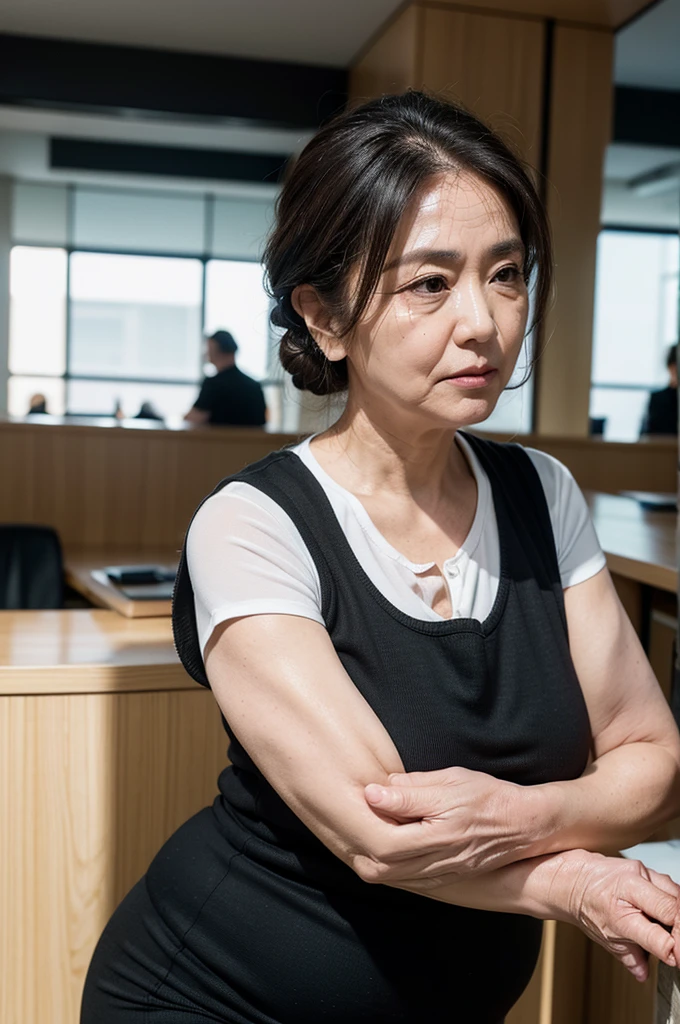 (masterpiece:1.4),(Beautiful 61 year old woman:1.5),(Facial wrinkles : 1.2), (facing away : 1.3), white skin, pores, skin blemishes, dull skin, serious face, updo hair, maternal, Mature Woman, upper body shoot, office worker, (smooth fabric), (polyester black vest with button), black pencil skirt, white short sleeve shirt, (fat arms : 1.2), (plump arms : 1.2), (focus on upper arms), working at bank, detailed backgrounds,