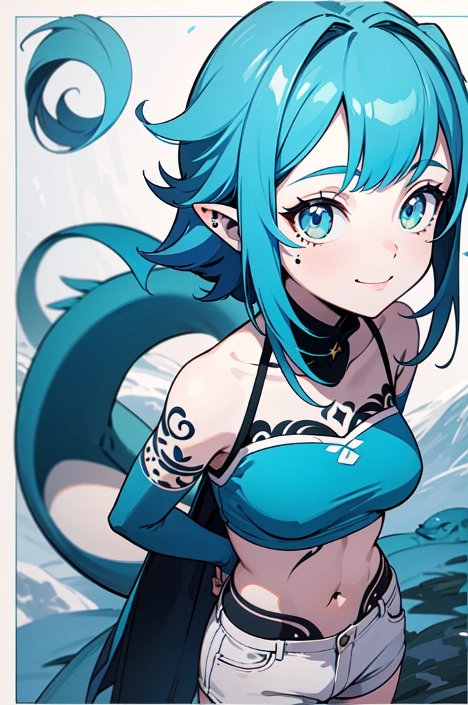 1girl, dusk \(arknights\), arknights,(masterpiece, best quality), newest, ,turquoise bikini, by nyantcha, black hair, horns, by omone hokoma agm, dragon tail, day, desert, orange eyes, scales in arms , happy ,