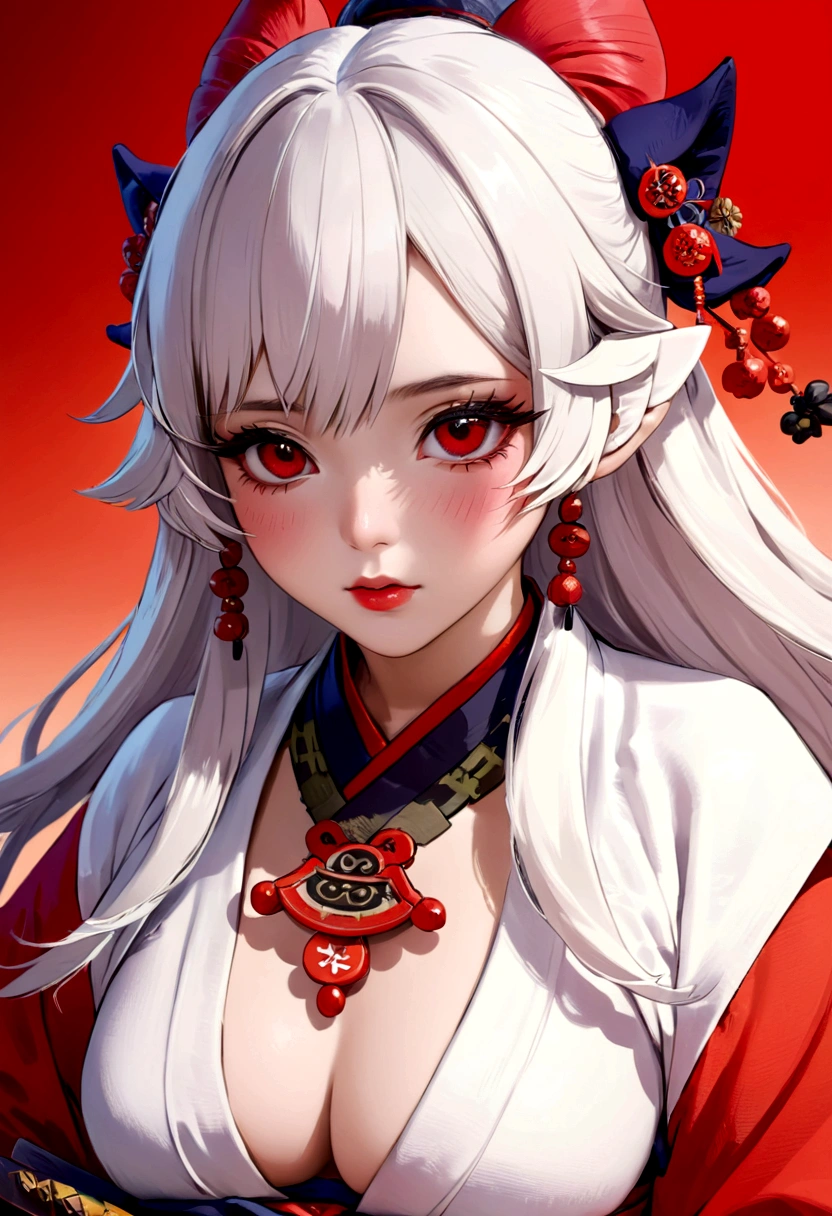 hyperrealistic, highly detailed, 1girl, beautiful detailed eyes, beautiful detailed lips, extremely detailed eyes and face, long eyelashes, onmyoji, WLOP and Sakimi-chan, Zerochan Art, from East, commission, East, nixeu and sakimichan, by Kamaguruka, Obscene, mika kurai demon, The Detailed Art of the Onmyoji, huge red object, photo shoot, vibrant colors, dramatic lighting, cinematic, fantasy, digital art