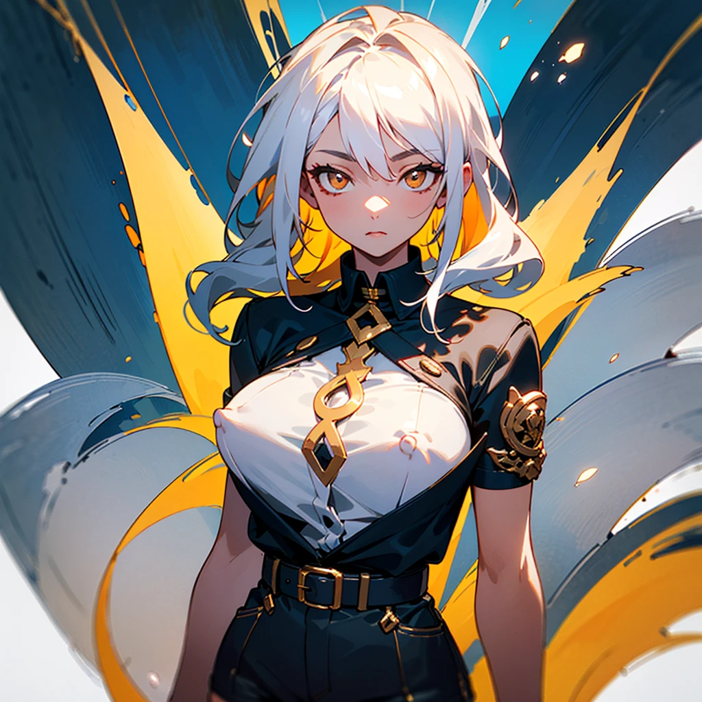 intricate detailes, White background, Transparent body, Visible veins, wires, Highly detailed, Head, Upper body, Breathtaking, 8k_wallpaper, extremely detailed eyes, extremely detailed body, (large masterpiece digital art), (detailed line art), ((perfect anatomy)), (intricate details:1.3), (ultra-detailed:1.3), (illustration:1.3), (sharp focus:1.3), (natural lighting:1.05), (vivid colors:1.3), (masterpiece), (best quality:1.4), (perfect anatomy:1.4), high quality, expressive eyes, full body, tall girl, detailed face, beautiful face, perfect face, ((white hair)), a young Korean woman, (with golden eyes), ((sandy lush hair)), {{tanned dark bronze skin}}, a huge chest, dressed in a black short warm jacket with rolled up sleeves, a transparent unbuttoned shirt, large nipples sticking out under the fabric, a wide leather belt with gold yarn, leather shorts through which they stand out outline of a pussy, walking through the forest, trees with blue foliage and white flowers,