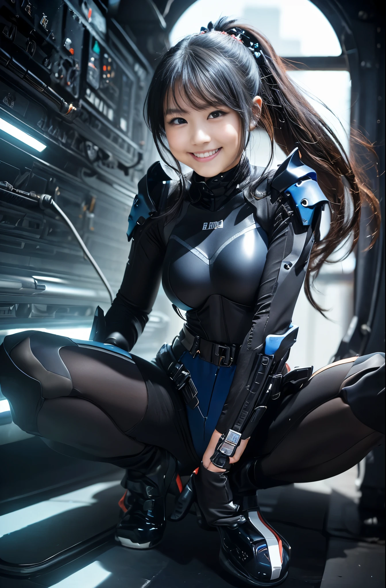 (8K、Raw photography、Highest quality、masterpiece:1.2),(Black Hair、Dark Eyes:1.9),(Blue plug suit:1.6)、View your audience,Viewed from the front,White skin,(ponytail:1.3)、(Tight waist:1.6)、(Clothes that accentuate the shape of the breasts:1.2)、(Big Breasts :1.5)、Slim figure、Ultra-high resolution,beautiful,beautiful fece,(One person、No background:1.9),whole bodyボディー,Japanese women,(reality的:1.37)、Photon Mapping,reality、(Baby-faced and cute: 1.2)、(Cute Smile: 1.8)、(Round face: 1.8)、Radio City、Physically Based Rendering、Depth of field rally background、photograph, (I can see your knees、Thigh close-up:1.8),(:1.6),whole body、Great quality