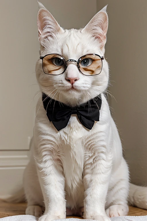 white cat in black glasses