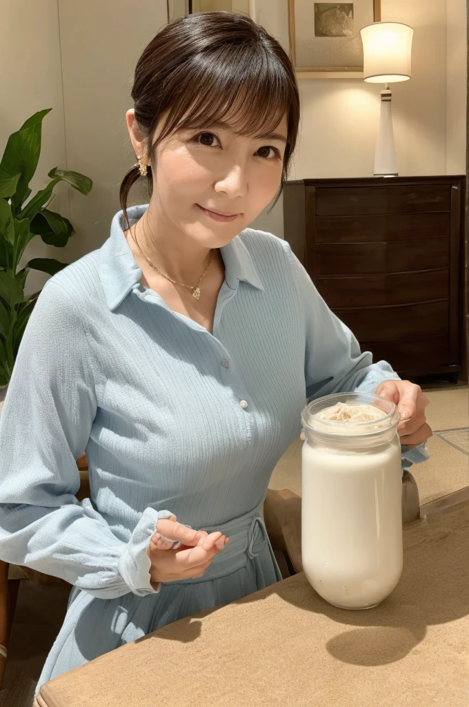 ((Highest quality)), ((masterpiece)), (detailed), Japanese, 40 years old, Beauty, Front face,Upper body close-up,smile, Nagoya,Facial wrinkles, In pajamas,After a bath,sexy,Holding a beer, Inside the house