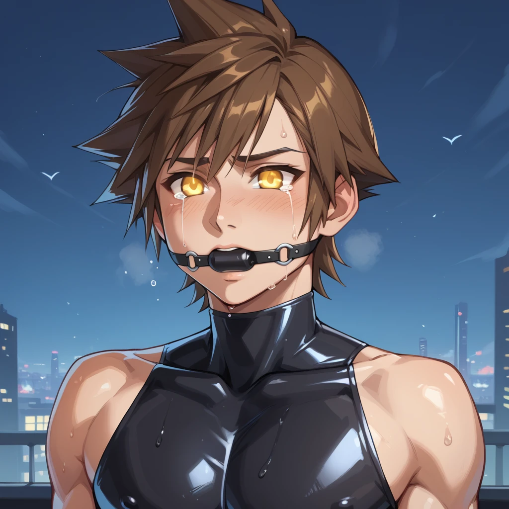 Kingdom hearts、((sky))、Arms behind back、Yellow glowing eyes、sweating、Black drip、（A young boy is restrained and has a large erection、On all fourouth gag、first round）、naked、Brown Hair、cute、Spiky hair、Are crying、Looks disgusting、（（A tight-fitting rubber suit、））Night cityscape、sexy、from the front