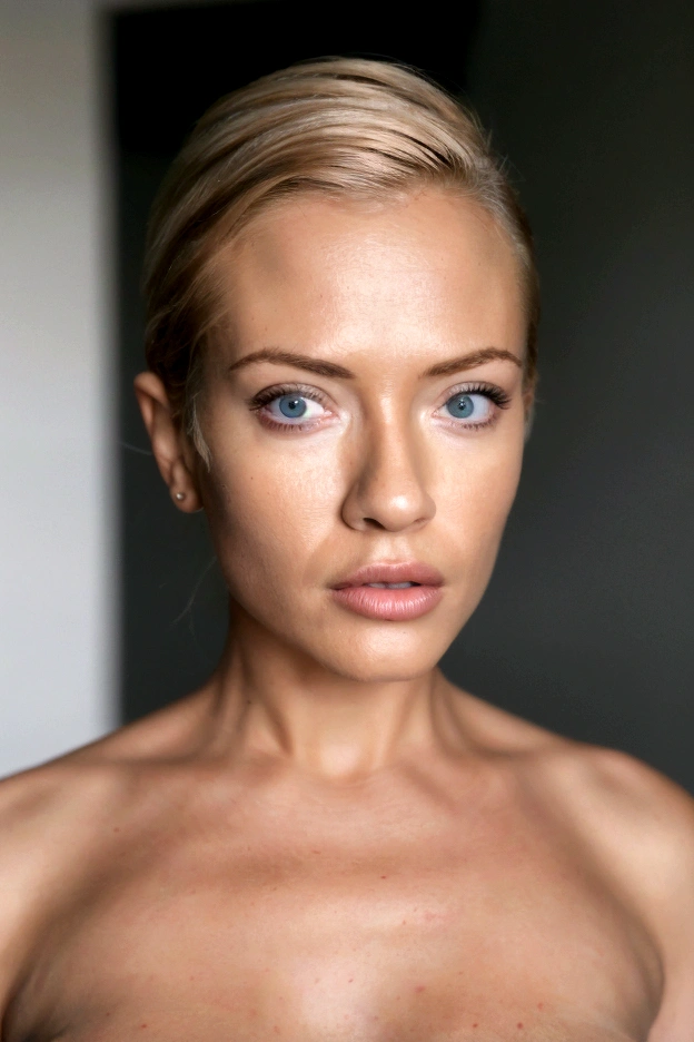 (as kristanna loken face),((full body focus)),((full nude)),(1woman),blonde,(office hairstyle),front view,stand pose,expressionless,25 years old, beautiful woman,green eyes,(looking at the viewer),small nose,(Slanted Eyes),monolid,(night time),(in los angeles street),(Standing upright posture),symmetry, (8K, RAW photo, professional, best quality, mas terpiece:1.2), (realistic, photo-realistic:1.37), ultr a detail, (best detailed skin:1.2), (best detailed fa ce:1.2),cinematic lighting, (portrait),