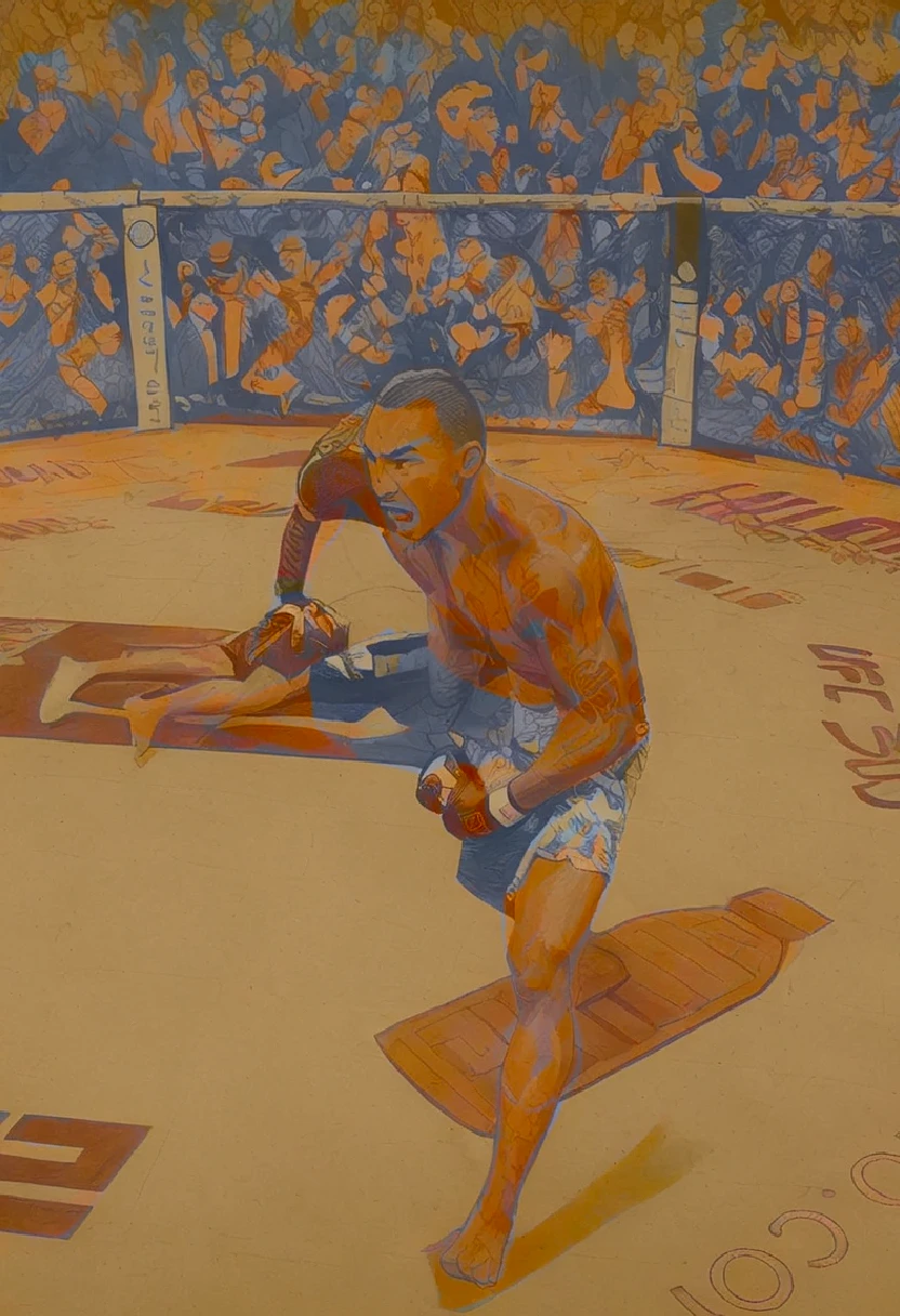 Max Blessed Holloway, ink and pen illustration, hand drawn splash panel, portrait, cel shading, strength, "I hope you guys are cheering for something", Puʻuwai, craftsmanship nuance, battle tested, heart of a fighter, cage fighting champion, Ula'ula, kumu, malama, pomaika 'i,