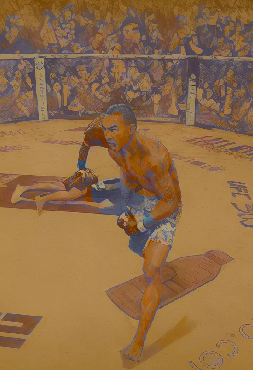 Max Blessed Holloway, ink and pen illustration, hand drawn splash panel, portrait, cel shading, strength, "I hope you guys are cheering for something", Puʻuwai, craftsmanship nuance, battle tested, heart of a fighter, cage fighting champion, Ula'ula, kumu, malama, pomaika 'i,
