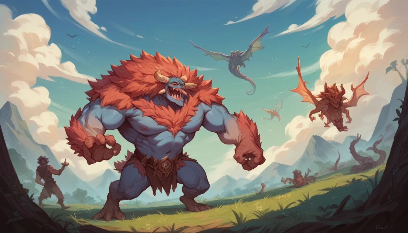 ultra-detailed, masterpiece, masterwork, high quality, best quality, hdr, (nature), nsfw, male, solo, dragon, ((nude)), (little red body minotaur), (white body), (long golden hair, yellow eyes), standing, front view, from below, dynamic angle, (foreskin, perfect balls, public hair), (cross your arms), earrings