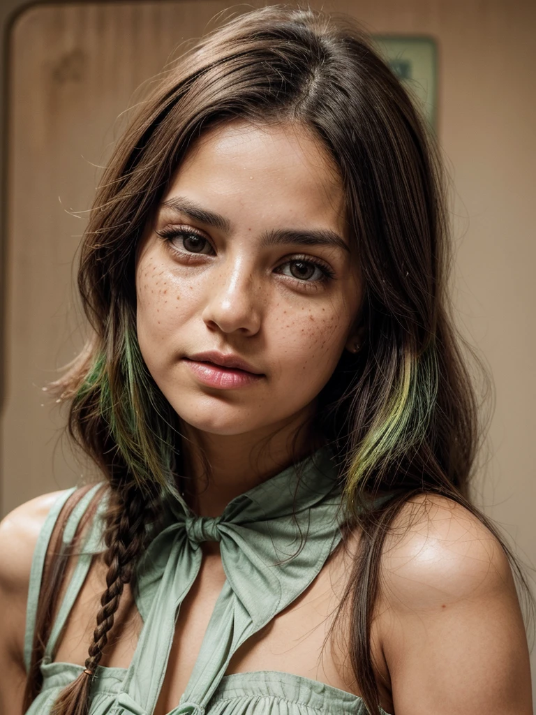 [[((young attractive Mexican woman with green streaks in her plaited hair, very light, barely visible cute freckles on her cheeks, and distinctive light brown eyes:1.5)), ((Martina Sánchez:1.4)), standing against a plain white background in a close-up, shoulders-and-above shot. She is wearing ((a professional, plain-colored blouse or top appropriate for a passport or ID photo:1.4)). Her hair is styled neatly, framing her face. She has a neutral expression suitable for a passport or ID photo. She is not wearing any makeup to maintain a natural and authentic look. The focus is on capturing extreme human-like details, including skin texture, hair strands, and eye clarity. The scene is captured with a ((full-frame DSLR:1.4)) using a ((85mm prime lens:1.4)) to keep Martina in sharp focus. Professional studio lighting enhances her natural features and adds depth to the image. Post-production ensures a clean, polished look with enhanced natural colors. The image should be in ((8K resolution:1.5)) with ((hyper-realistic detail:1.6)). The focus is entirely on Martina’s facial features, appropriate attire, and natural appearance, capturing her essence perfectly in a passport/ID photo setting.]]

