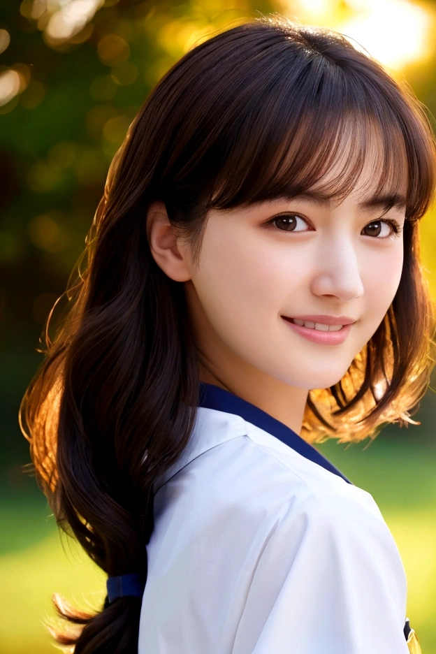 Top quality, 1 beautiful woman, Sunlight, ((masterpiece, Highest quality, High resolution)), (look back:1.3), 1 girl, smile, (Realistic: 1.4), Great face, , Medium Hair, (Beautiful Hair:1.5), Sailor suit, The background is a school building, Side angle, (Close-up of face:1.3), Smooth, Highly detailed CG composite 8K wallpaper, High resolution RAW color photos, Professional photography, Light, BackLight, dream-like, impressive, Written boundary depth