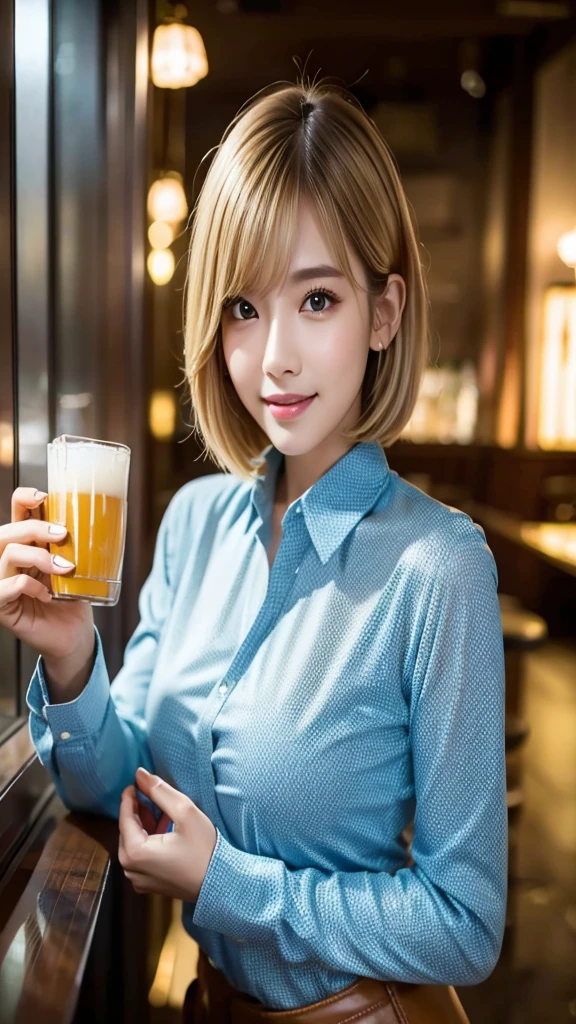 (masterpiece, best quality:1.1), (8k, raw photo, photo realistic:1.2, f22), (shiny skin), detailed skin, medium breast, blonde hair:1.3, medium bob hair, detailed face, detailed eyes, smile, BREAK, real world, intricate details, smil, BREAK, 1girl, full body, (long sleeve shirt:1.4), BREAK, (bar:1.3)