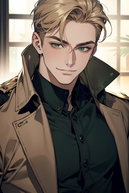 masterpiece, best quality, realistic, 1man, mature male, quiet and charming young man, 18 years old, smirk and look on the side, closed mouth, portrait, extremely detailed face, smirk, (dark green eyes), (short-side-swept sandy blonde hair)), [thick eyebrows], (detective clothing)