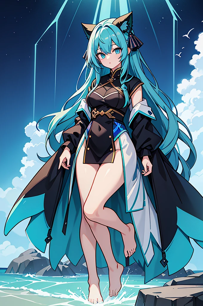 Her hair is a gradation of dark blue and dark green。17-year-old girl、Anime Style、Fantasy、Wear low-exposure clothing、Bust 86cm、height: 172cm、Weight 51 kg、Full body painting、Generate from the top of the head to the soles of the feet
