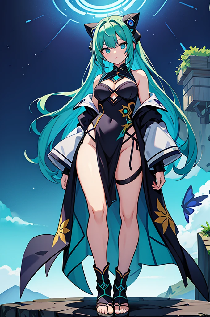 Masterpiece, 1girl, ahoge, bangs, bare shoulders, black gloves, black leotard, black thighhighs, dark blue hair, boots, breasts, building, cape, cleavage, cleavage cutout, closed mouth, clothing cutout, cloud, colored inner hair, covered navel, day, elbow gloves, full body, gloves, hair ornament, heel shoes, highleg, highleg leotard, goat horns, leotard, long hair, looking at viewer, medium breasts, multicolored hair, outdoors, purple eyes, skindentation, sky, solo, standing, thighhighs, thighs, two-tone hair, smile, Genshin Impact style