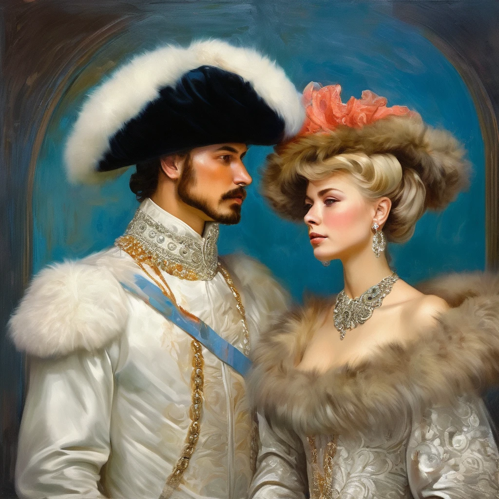 painting of a man and woman in a fur hat and gown, royal portrait painting, royal portrait, wlop and andrei riabovitchev, tuomas korpi and wlop, young tsar, inspired by Konstantin Vasilyev, inspired by Konstantin Makovsky, imperial portrait, inspired by Nikolay Makovsky, by Mikhail Evstafiev