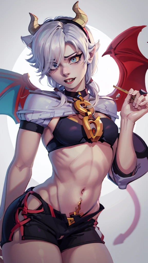 Surreal beautiful cat elf, very red and detailed hair, face detailed, big demon horns, gorda, fully body, Big eyes, long and pointed nose, colettetrixie, sharp teeth, hair over one eye, hairband, demon horns, colored sclera, purple shirt, purple shorts, demon wings, 8K
